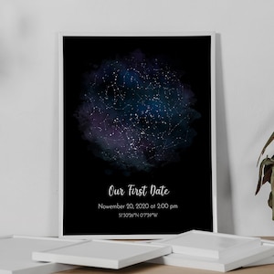 Acuarela impresa de mapa de estrellas personalizada, póster del cielo nocturno, regalo para mamá, estrellas de nuestra primera cita, noche que nos conocimos, mapa de estrellas personalizado por fecha,