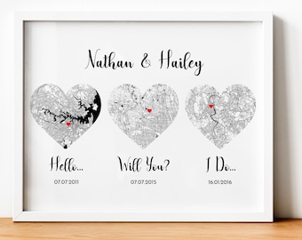 Anniversary Gift, Hello Will You I Do, First Year Anniversary Gift, Love Story Map, Heart Art, Wedding Gift For Couple, Going Away Gift