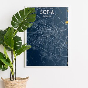Affiche de carte bleue de Sofia, affiche de carte bleue de la ville de Sofia, panneau de la ville de Sofia, carte bulgare imprimable, affiche de Sofia