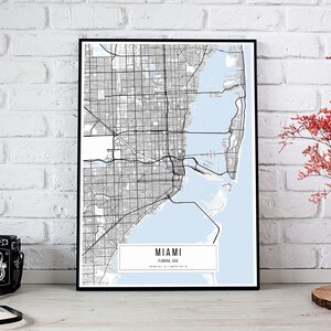 Miami witte kaart poster, Miami Home decor, Miami klassieke kaart poster, Florida kaart poster, Miami stadskaarten canvas print