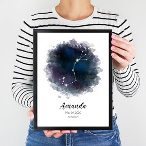 Skorpsa Sternzeichen Poster Aquarell, Sternzeichen Druck Poster, Neues Baby Geschenk, Skorpsion Sternzeichen, Personalisiertes Geburtstagsgeschenk, Astrologie Poster