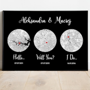 Geburtstagsgeschenk Dark Style, Hello Will You I Do, Geschenk zum ersten Jahrestag, Love Story Map, Herz Kunst, Hochzeitsgeschenk für Paare