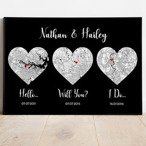 Geburtstagsgeschenk Dark Style, Hello Will You I Do, Geschenk zum ersten Jahrestag, Love Story Map, Herz Kunst, Hochzeitsgeschenk für Paare