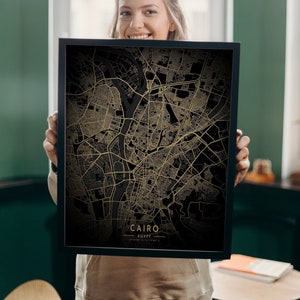 Cartaz de mapa personalizado do Cairo, pôster da cidade do Cairo, mapa do Cairo para impressão, mapa da cidade de presente do Egito, mapas dourados e pretos, mapa impresso do Cairo