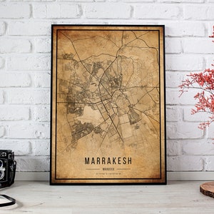 Affiche de carte vintage de Marrakech, Carte ancienne de Marrakech, Carte grunge de Marrakech, Vieux décor de Marrakech, Art mural rustique du Maroc, Carte de la ville de Marrakech