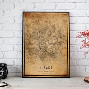 Lusaka Vintage Karte Poster, Lusaka Alte Karte, Grunge Lusaka Karte, Lusaka Altes Dekor, Sambia Rustikale Wandkunst, Lusaka Stadtplan Druck
