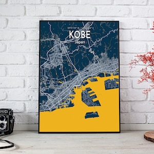 Kobe blauwe kaart poster, Kobe City moderne kaart afdrukken, Kobe City teken, Japan kaart canvas print, Kobe Home poster, Kobe universele cadeau