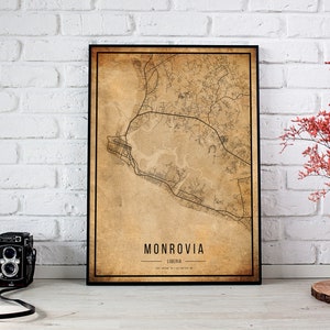 Monrovia Vintage Landkarte Poster, Monrovia Karte, Monrovia Landkarte, Monrovia Altes Dekor, Rustikale Wandkunst, Monrovia Stadtplan