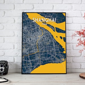 Shanghai City Map Print: Modern Blue & Gold China Art