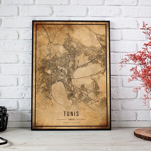 Túnez Vintage Map Poster, Túnez Antiguo Mapa, Grunge Túnez Mapa, Túnez Decoración Antigua, Túnez Arte Rústico de la Pared, Mapas de la Ciudad Imprimir