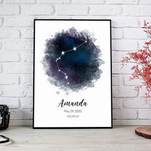 Aquarius Poster Aquarelle, Zodiac Print Poster, Nouveau cadeau de bébé, Signe astrologique Verseau, Cadeau d’anniversaire personnalisé, Affiche astrologique
