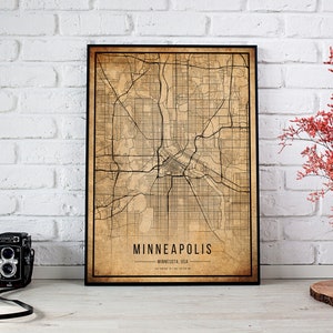 Poster della mappa vintage di Minneapolis, vecchia mappa di Minneapolis, mappa di Minneapolis Grunge, vecchio arredamento del Minnesota, stampa su tela delle mappe della città di Minneapolis