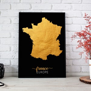 Frankreich Gold Karte Poster, Frankreich Gold Schwarz Karte, Zeitgenössische Wandkunst, Frankreich Moderne Wandkunst, Büro Dekor, Frankreich Druckbare Kunst Geschenk