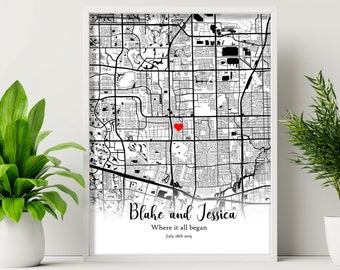 Personalized Anniversary Map Art Print, Where We Met, First Date Gift