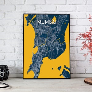 Cartaz do mapa azul de Mumbai, impressão moderna do mapa da cidade de Mumbai, sinal da cidade de Mumbai, impressão em tela do mapa da Índia, pôster de casa de Mumbai, presente da família
