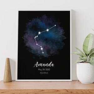 Aquarelle d’affiche, affiche imprimée du zodiaque, nouveau cadeau de bébé, signe astrologique du Verseau, cadeau d’anniversaire personnalisé, affiches astrologiques