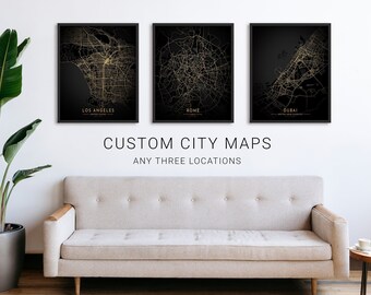 Personalisierte Stadt Karte Print Set: Benutzerdefinierte Position Kunst, 3 beliebige Städte