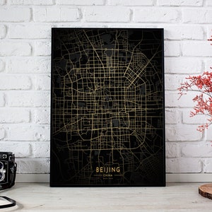 Pôster do mapa de Pequim, sinal do mapa dourado de Pequim, mapa da cidade de Pequim, impressão do mapa de Pequim, mapa dourado e preto de Pequim, mapa da cidade de Pequim China