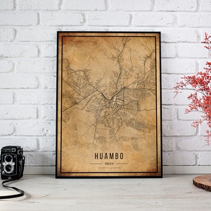 Huambo Vintage Karte Poster, Huambo Alte Karte, Grunge Huambo Karte, Huambo Altes Dekor, Angola Rustikale Wandkunst, Huambo Stadtplan