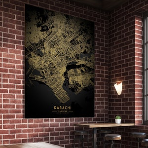 Pôster do mapa de Karachi, pôster do mapa dourado da cidade de Karachi, tela de Karachi, impressão de mapa do Paquistão, mapa dourado e preto com glitter de Karachi