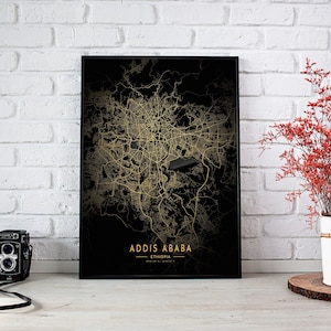 Cartaz de mapa personalizado de Adis Abeba, pôster da cidade de Adis Abeba, mapa de Adis Abeba para impressão, mapa da cidade de presente da Etiópia, mapas dourados e pretos