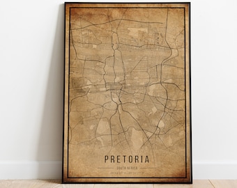Impression d'art de carte de Pretoria en Afrique du Sud : poster vintage de plan de ville