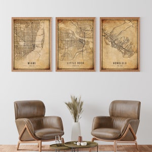 Set Of 3 Any City Vintage Map Posters Personalized Map Print Set Of 3 Custom Map Prints Valentines Day Gift
