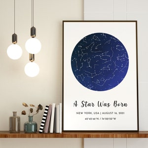 Póster del mapa estelar, Mapa estelar por fecha, Impresión de la carta estelar, Mapa del cielo nocturno, Nació una estrella Regalo de San Valentín