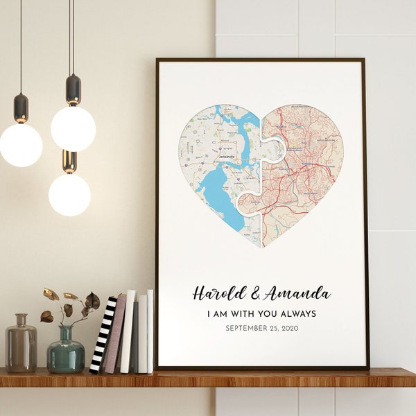Personalized Heart Map Print  Going Away Gift, Unique Wedding Gift  Long Distance Relationship Gifts For The Couple Anniversary Gift