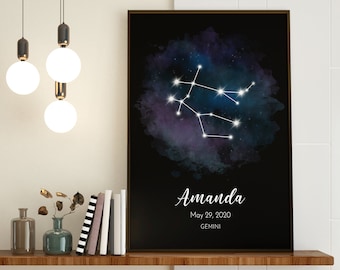 May include: A black and white printable poster with a watercolor galaxy background and the constellation Gemini in white. The poster has the name Amanda, the date May 29, 2020, and the word Gemini printed below the constellation.