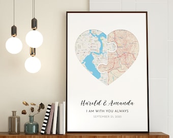 Personalized Heart Map Print  Going Away Gift, Unique Wedding Gift  Long Distance Relationship Gifts For The Couple Anniversary Gift