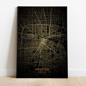 Houston Gold Karte Poster, Houston Schwarz Gold Karte Kunst, Houston Stadt Karte Poster, Texas Stadt Karte Druck, Druckbare Houston Karte Kunst, Leinwand