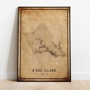 Cartaz do mapa vintage da ilha de O'ahu, mapa antigo da ilha de O'ahu, mapa da ilha de O'ahu grunge, decoração antiga havaiana, impressão de mapas da ilha de O'ahu, tela imagem 6