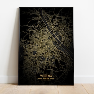 Pôster do mapa dourado de Viena, pôster da cidade de Viena, mapa de Viena para impressão, mapa da cidade de presente da Áustria, mapa dourado e preto de Viena, mapa impresso de Viena