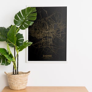 Cartaz do mapa dourado de Zagreb, pôster da cidade de Zagreb, mapa de Zagreb para impressão, mapa da cidade de presente da Croácia, mapas dourados e pretos, mapa impresso de Zagreb