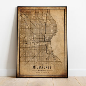 Milwaukee Vintage Karte Poster, Milwaukee Alte Karte, Grunge Milwaukee Karte, Historisches Dekor, Milwaukee Stadtplan Druck, Leinwand
