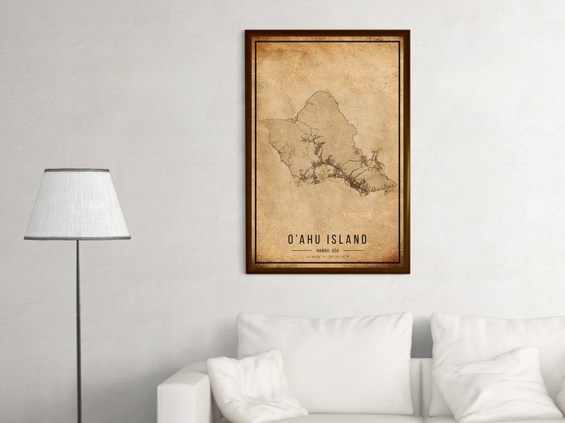 Cartaz do mapa vintage da ilha de O'ahu, mapa antigo da ilha de O'ahu, mapa da ilha de O'ahu grunge, decoração antiga havaiana, impressão de mapas da ilha de O'ahu, tela imagem 7