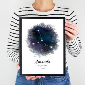 Jungfrau Sternzeichen Poster Aquarell, Sternzeichen Druck Poster, Neues Baby Geschenk, Jungfrau Sternzeichen, Personalisiertes Geburtstagsgeschenk, Astrologie Poster