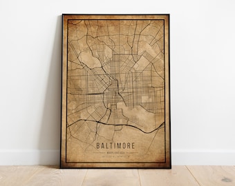 Vintage Baltimore Map Poster, Grunge Style, Rustic Maryland Wall Art