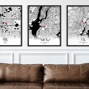 Set von 3 Karten, Benutzerdefinierte Landkarten Orte, Hello Will You I Do, für Paare Poster, Geschenk für Ihn, Love Story Map Valentinstag Geschenk
