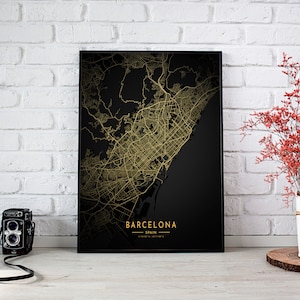 Pôster do mapa dourado de Barcelona, pôster da cidade de Barcelona, mapa de Barcelona para impressão, mapa da cidade para presente da Espanha, mapa dourado e preto de Barcelona, mapa de Barcelona