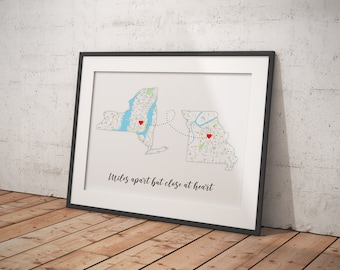 Going Away Gift, Custom Moving Away Gift Print, Best Friend Gift, LDR, Print place card, Two State Maps, Family Gift, Far Away Gift