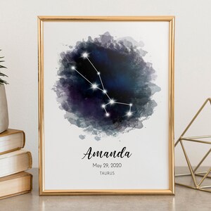 Stier Sternzeichen Poster Aquarell, Sternzeichen Druck Poster, Neues Baby Geschenk, Stier Sternzeichen, Personalisiertes Geburtstagsgeschenk, Astrologie Poster