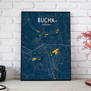Cartaz do mapa azul de Bucha, impressão moderna do mapa da cidade de Bucha, sinal da cidade de Bucha, impressão em tela do mapa da Ucrânia, pôster de Bucha, presente da família