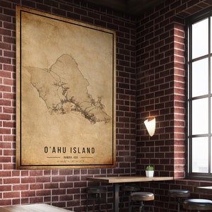 Cartaz do mapa vintage da ilha de O'ahu, mapa antigo da ilha de O'ahu, mapa da ilha de O'ahu grunge, decoração antiga havaiana, impressão de mapas da ilha de O'ahu, tela imagem 4