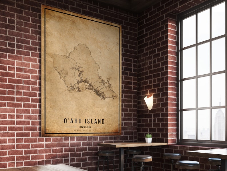 Cartaz do mapa vintage da ilha de O'ahu, mapa antigo da ilha de O'ahu, mapa da ilha de O'ahu grunge, decoração antiga havaiana, impressão de mapas da ilha de O'ahu, tela imagem 4