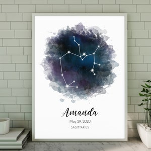 Schütze Sternzeichen Poster Aquarell, Sternzeichen Druck Poster, Neues Baby Geschenk, Schütze Sternzeichen, Personalisiertes Geburtstagsgeschenk, Astrologie Poster