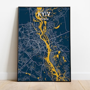 Cartaz do mapa azul de Kiev, cartaz do mapa azul da cidade de Kiev, sinal da cidade de Kiev, impressão em tela do mapa da Ucrânia, pôster da casa de Kiev