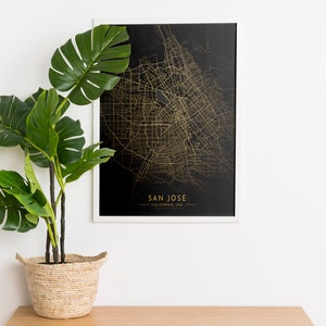 Stampa mappa San Jose, città di San Jose, poster della mappa di San Jose, stampa mappa della città, mappa oro e nera, arredamento mappa stradale stampa San Jose, tela