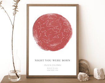 Puede incluir: Un póster imprimible rojo y blanco con un mapa de constelaciones y el texto "NIGHT YOU WERE BORN", "OLIVIA COLMAN", "AUGUST 23, 2001" y "NEW YORK, USA".